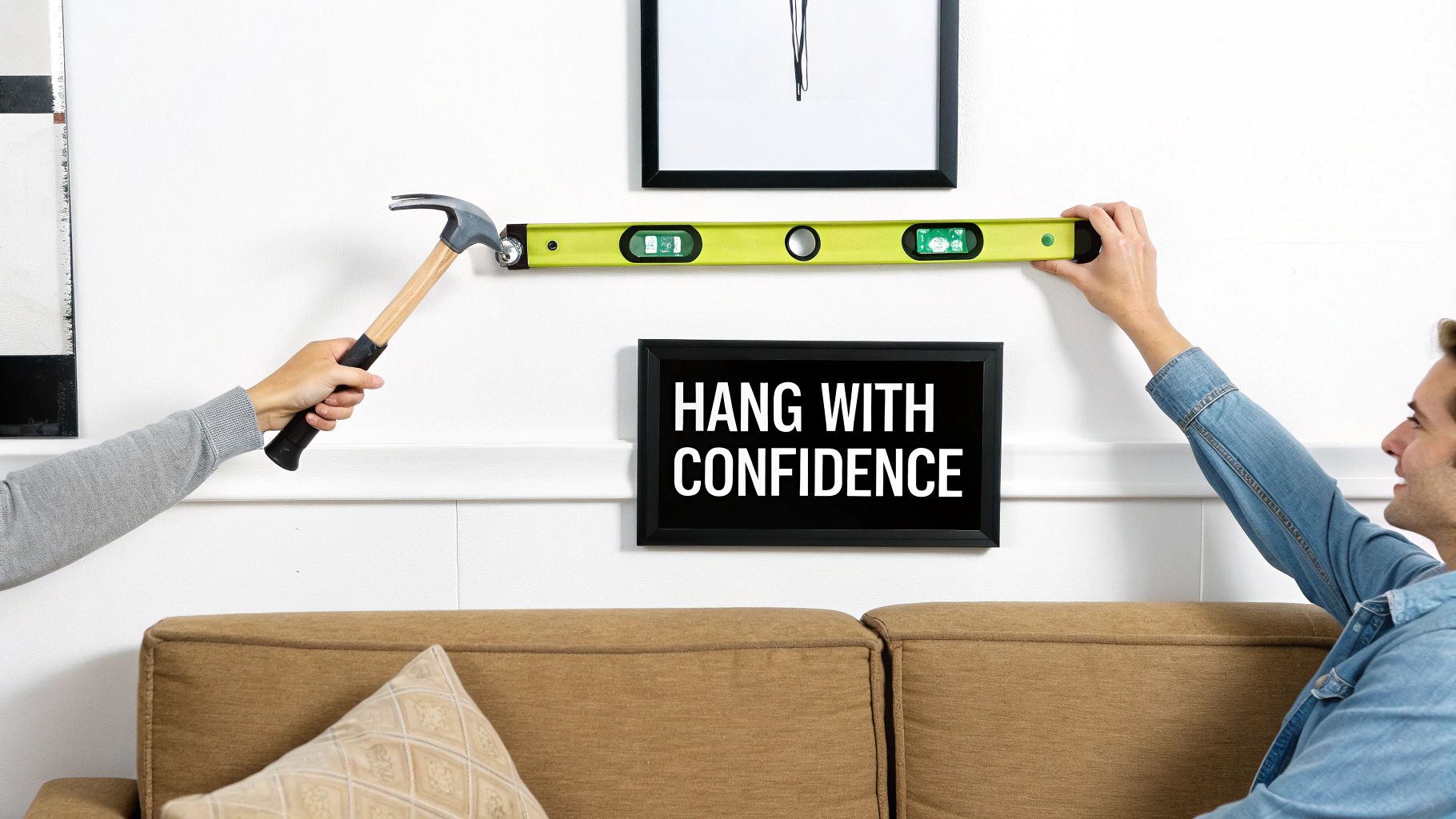 A person's hands carefully adjusting a level on top of a picture frame that is being hung on a white wall.