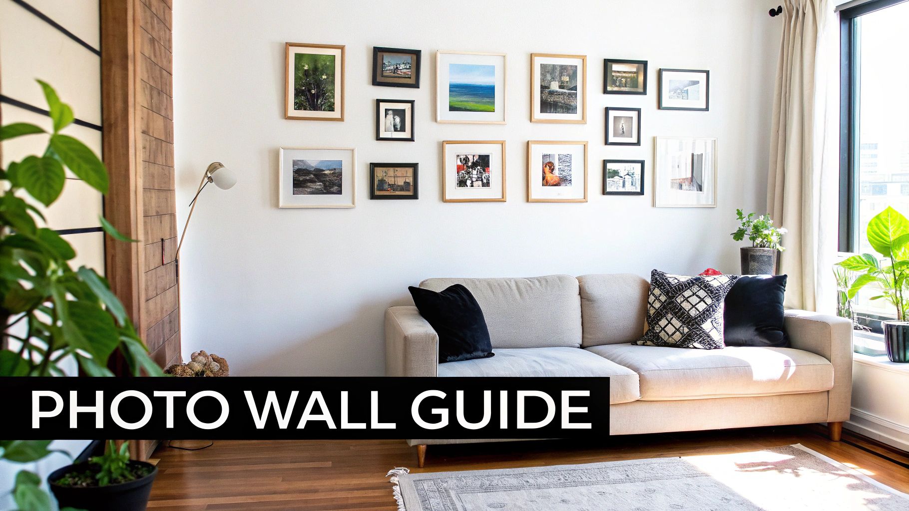 A perfectly arranged gallery wall featuring various frame sizes and styles above a modern piece of furniture.