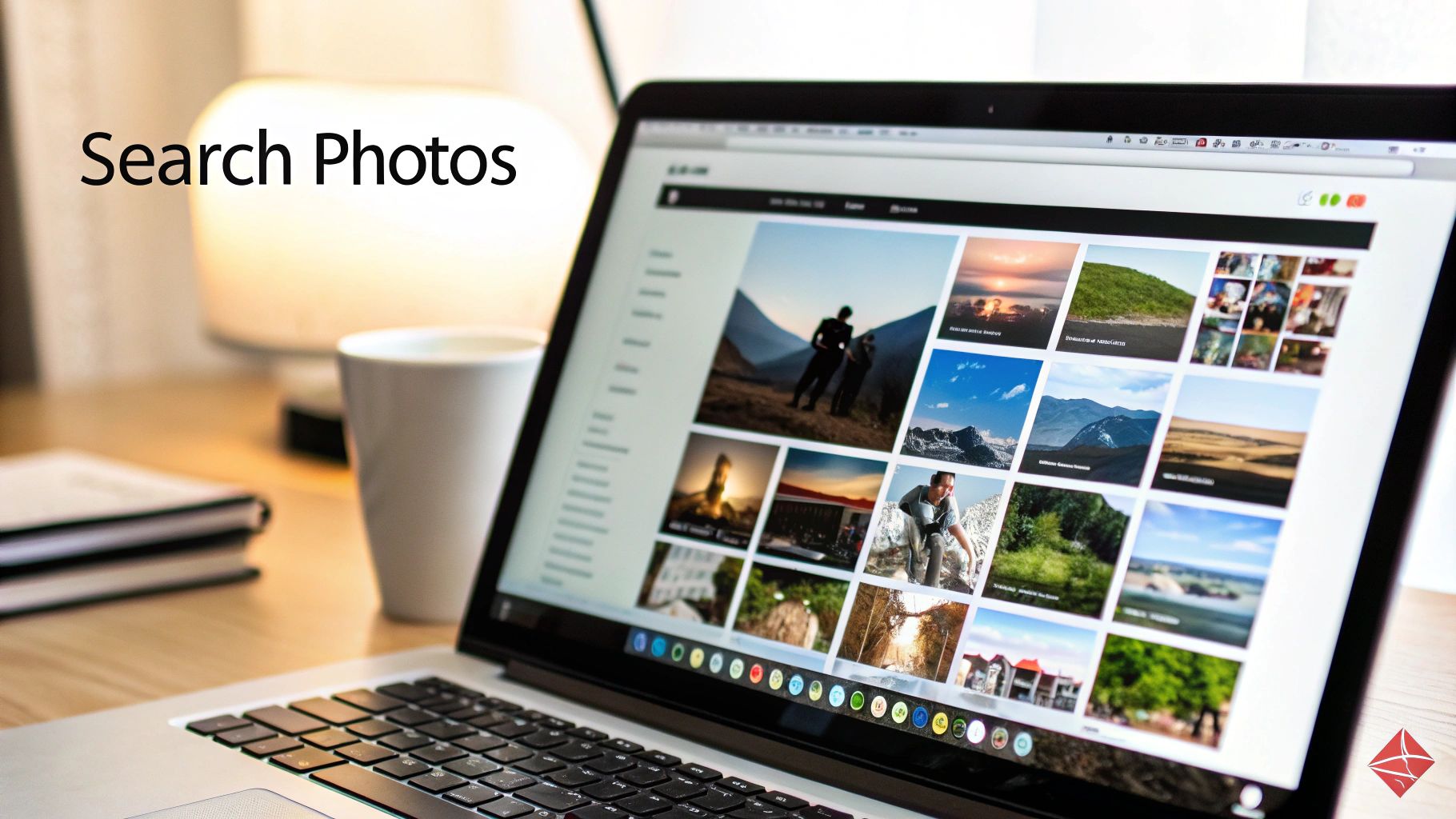 A person using a laptop to organize their digital photo library, with icons for tags and ratings floating around the screen.
