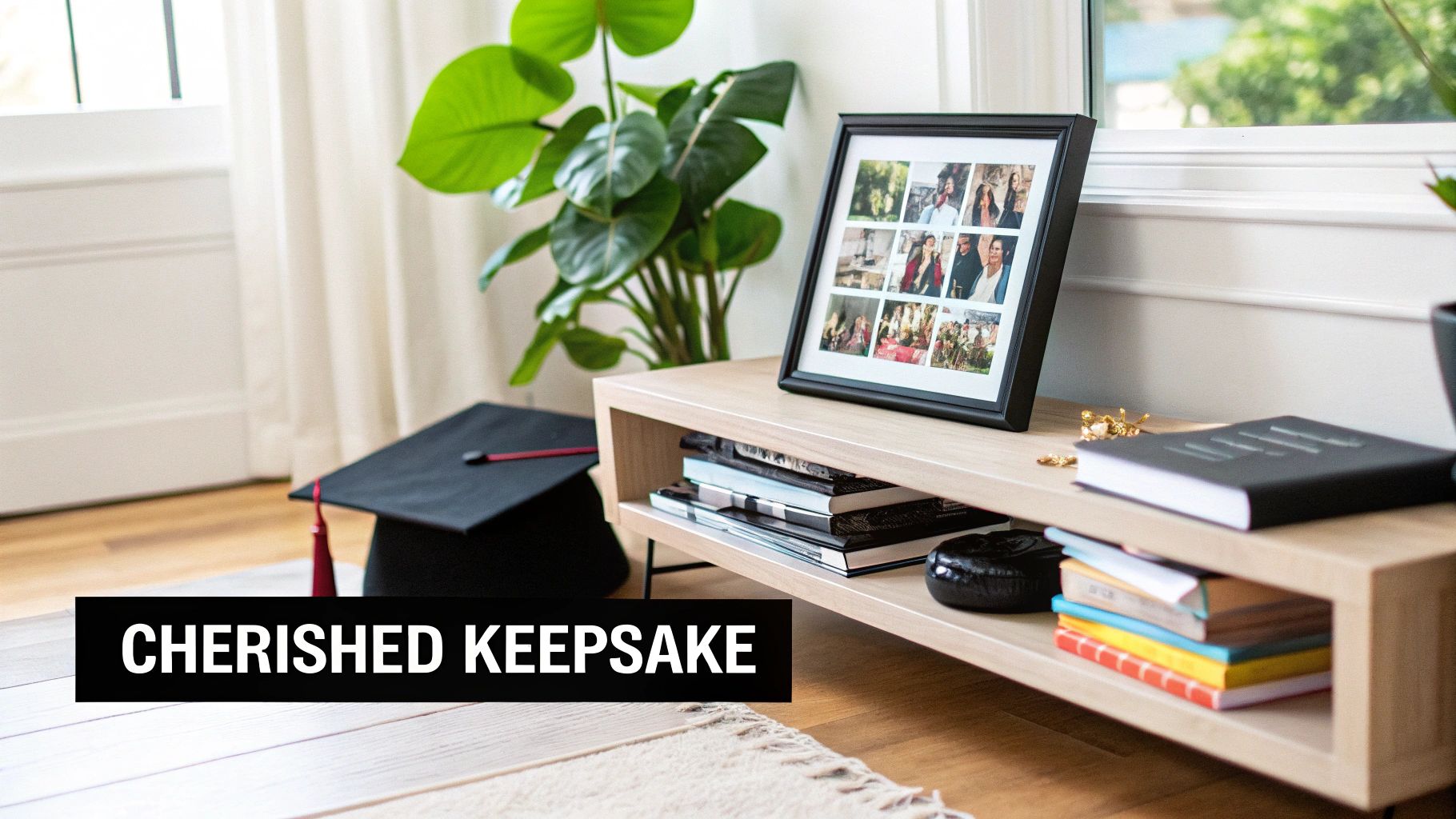 Graduation cap with photo collage frame and books on wooden shelf keepsake display