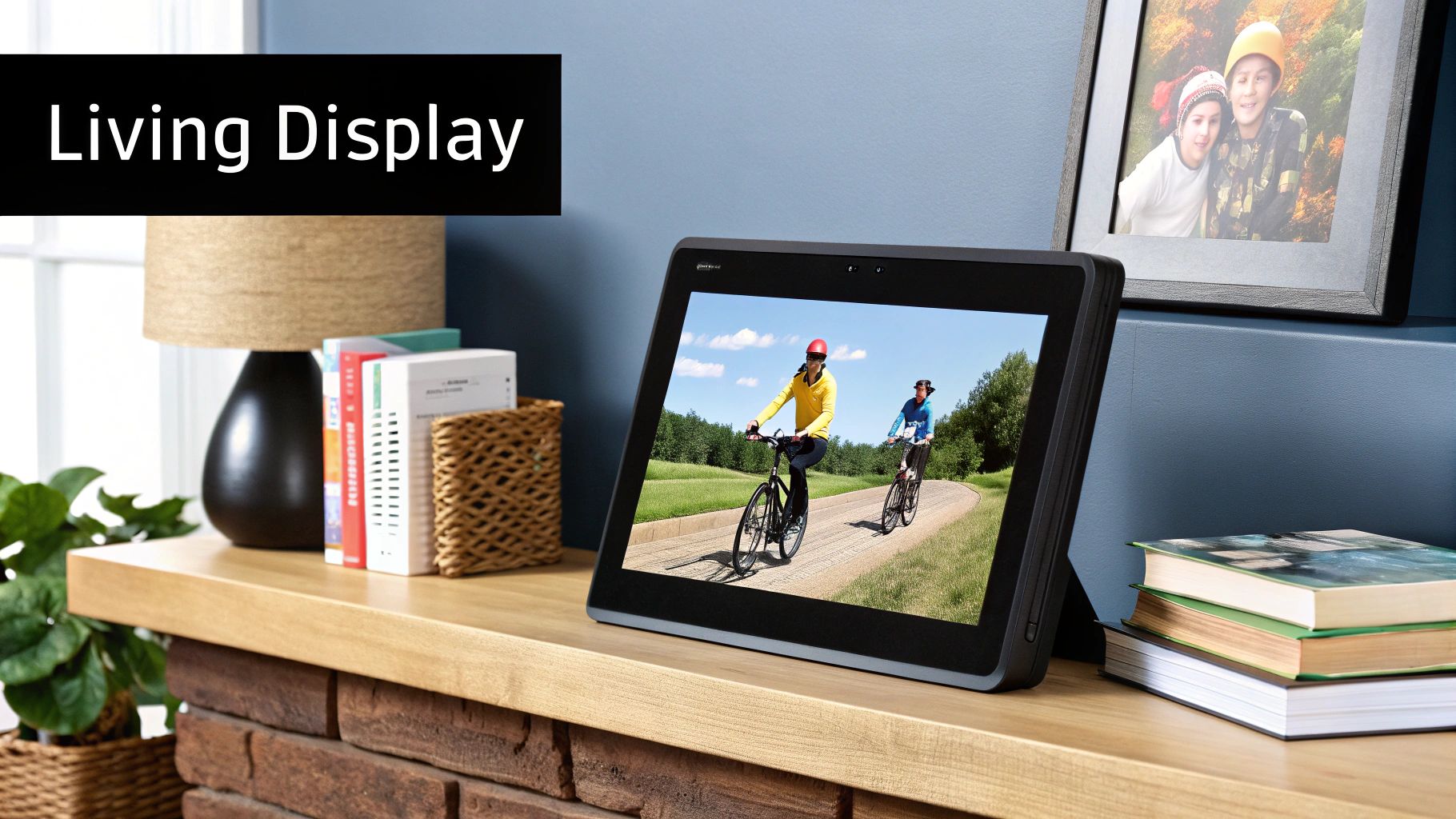 A sleek digital photo frame on a wooden mantelpiece, displaying a colorful family picture.