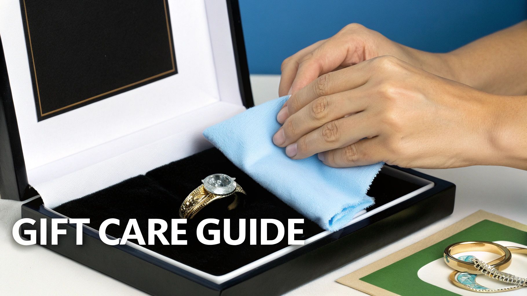 Hands cleaning jewelry with microfiber cloth next to framed photo, gift care maintenance tutorial