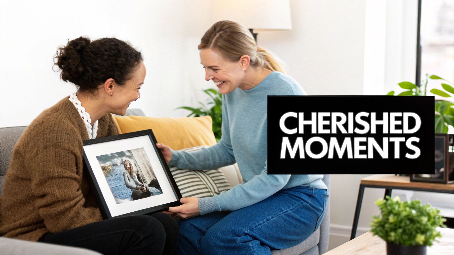 Two women sharing cherished moments looking at framed photo print together on couch
