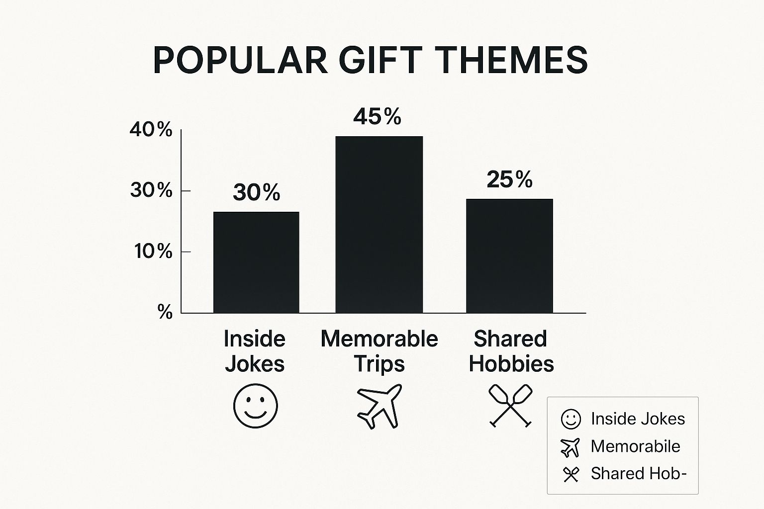 Infographic showing popular gift themes for best personalized family gifts, with memorable trips being the most popular at 45%.