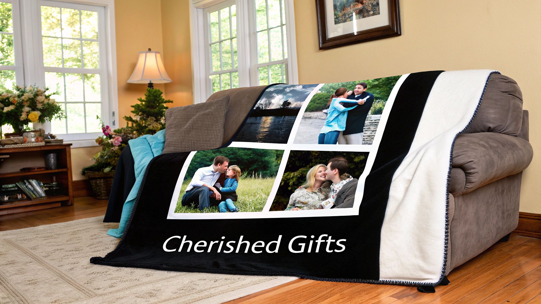 A woman holding a custom photo gift, showcasing a cherished memory.