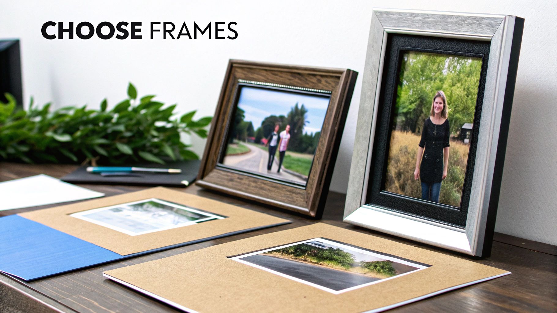 A collection of photos in various frame styles and sizes arranged on a white wall.