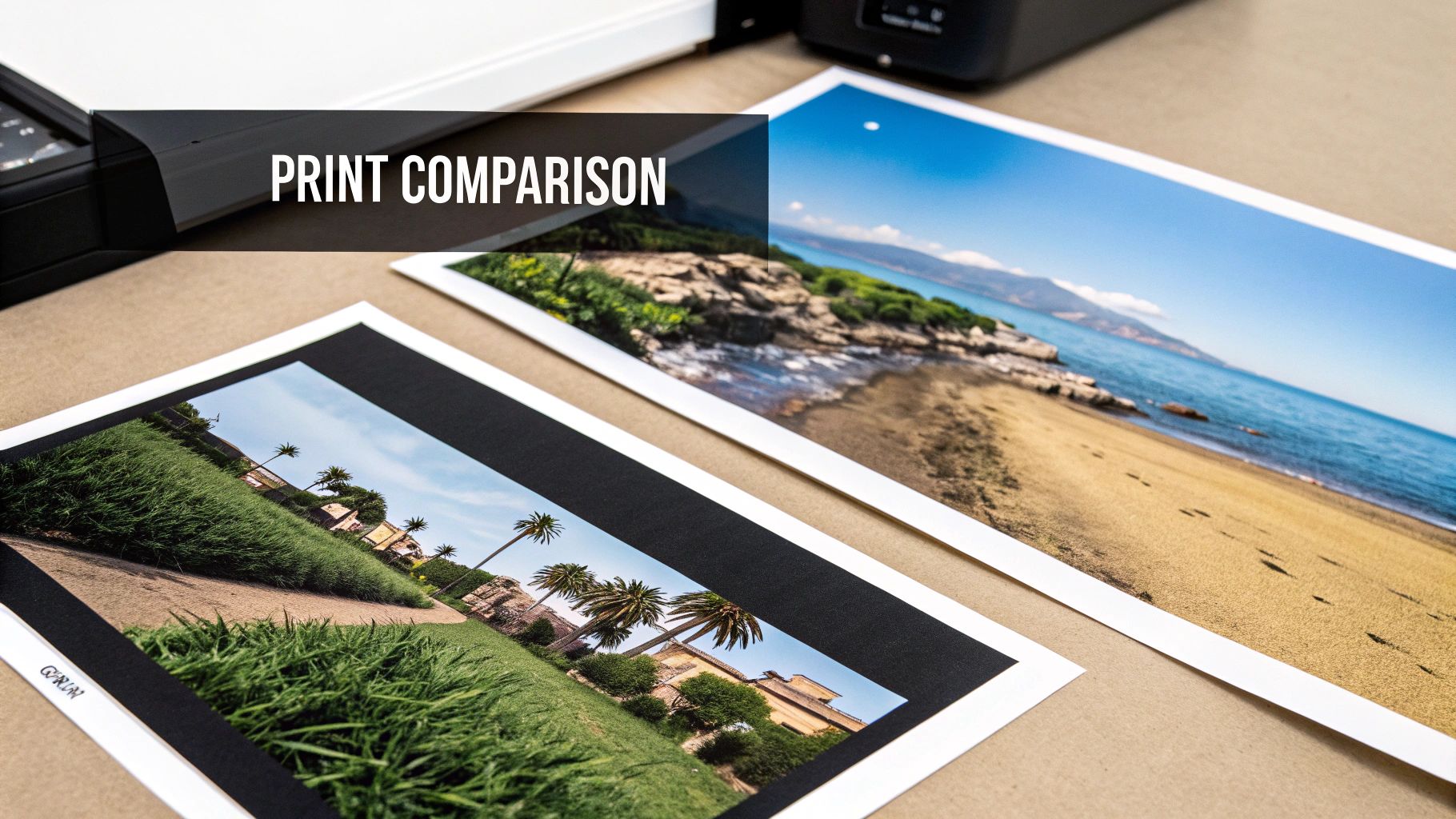 A side-by-side comparison of photo prints from different services, showcasing variations in color and quality on a wooden table.