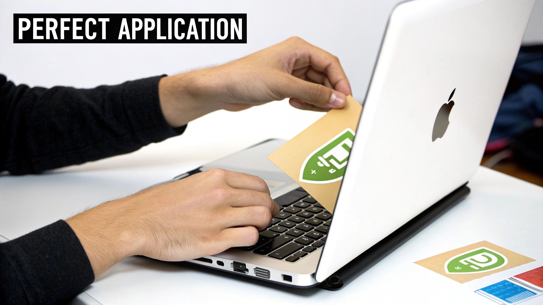 A person carefully applying a custom sticker to a laptop surface.