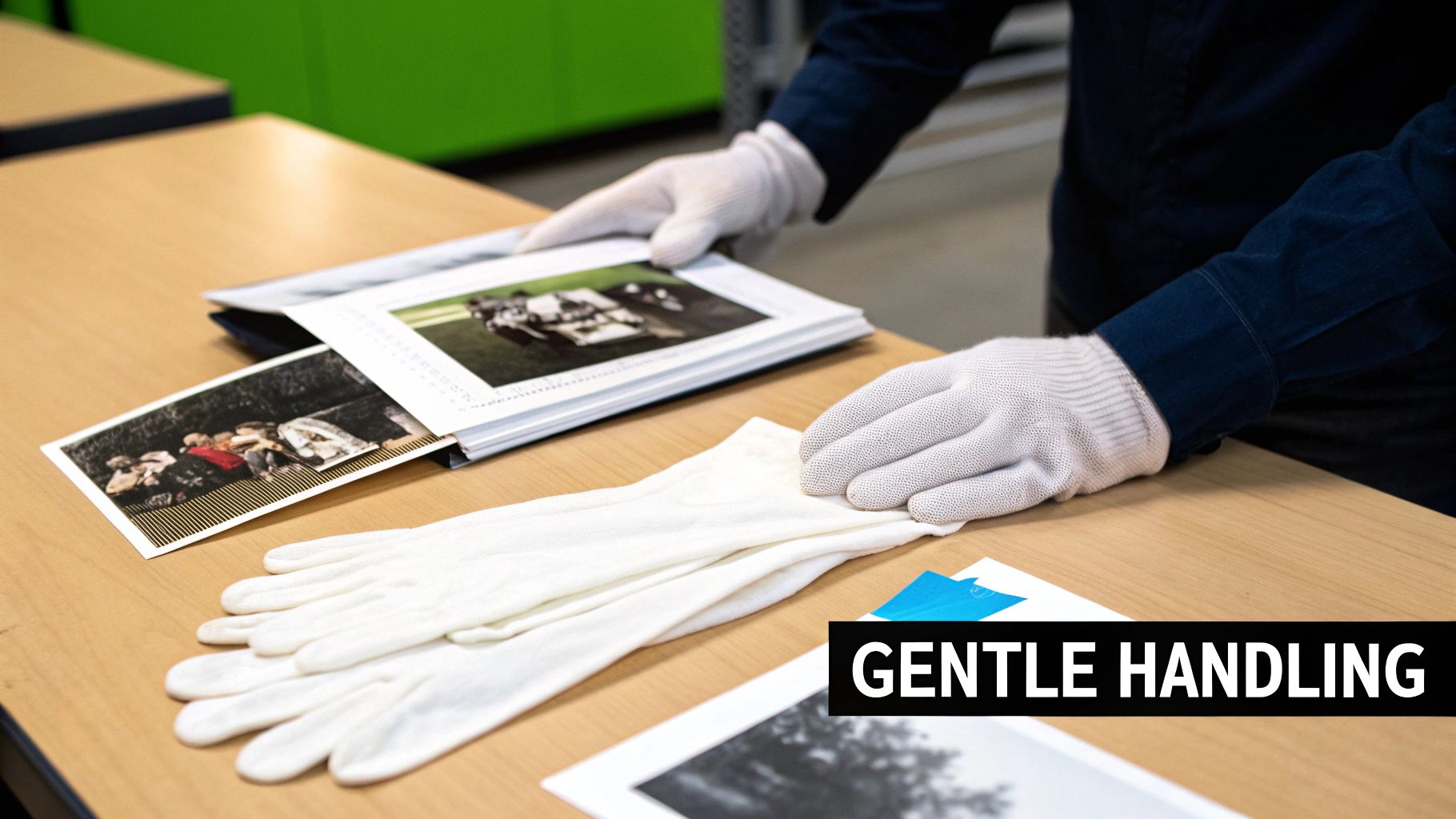 A person wearing white gloves carefully handling a stack of of old black-and-white photographs over a clean wooden surface.