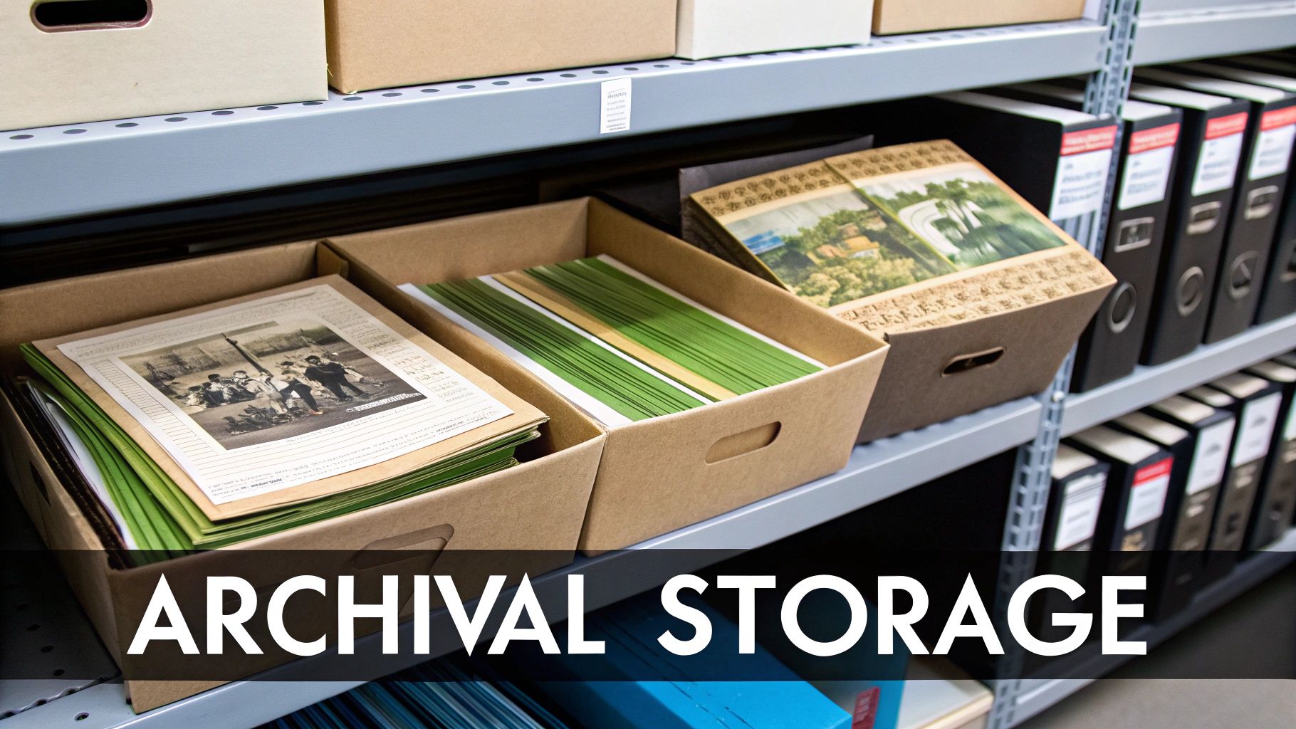 A person carefully placing old photographs into an archival storage box lined with acid-free paper.