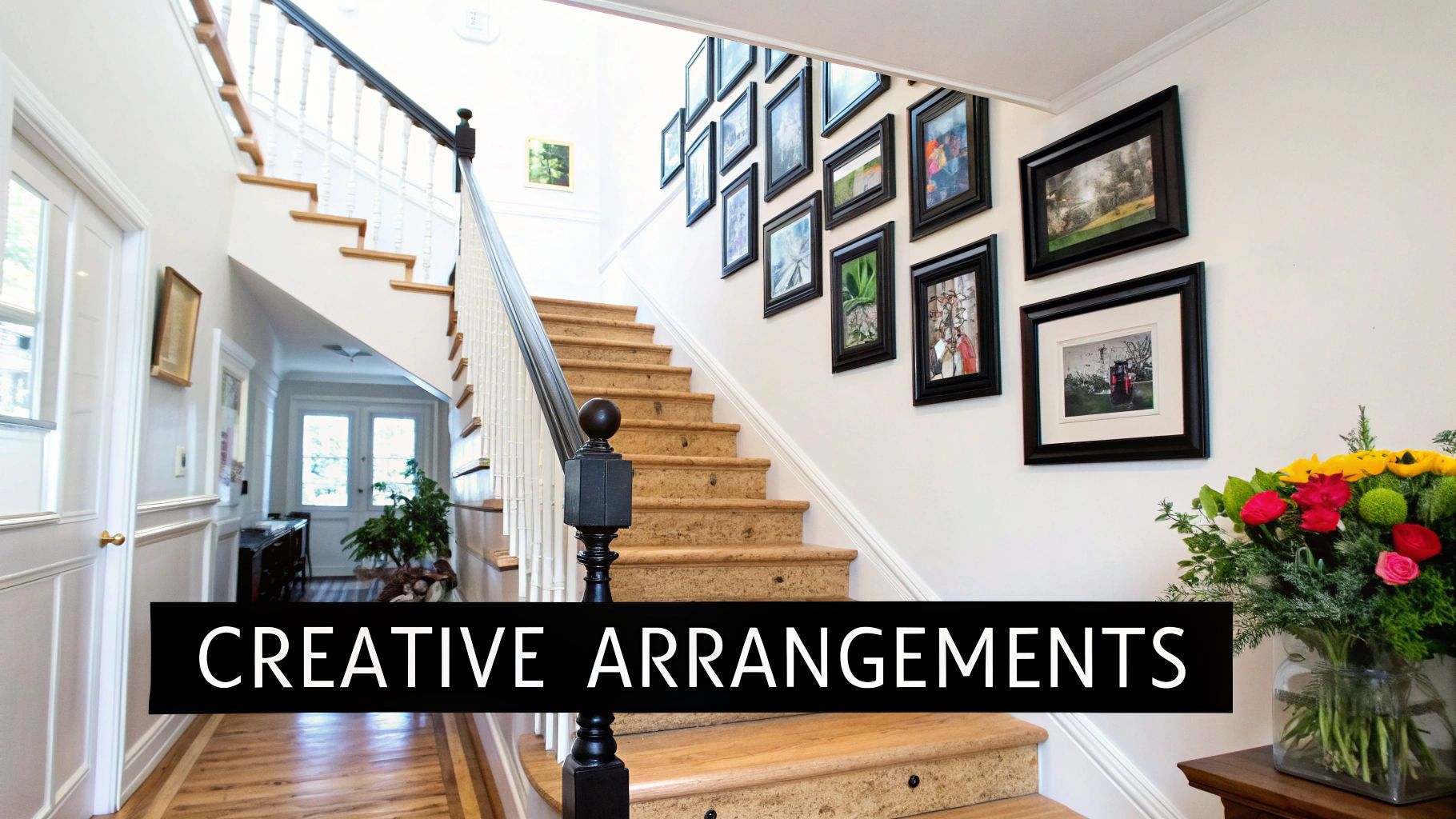 A collection of framed photos arranged creatively up a staircase wall, following the angle of the stairs.