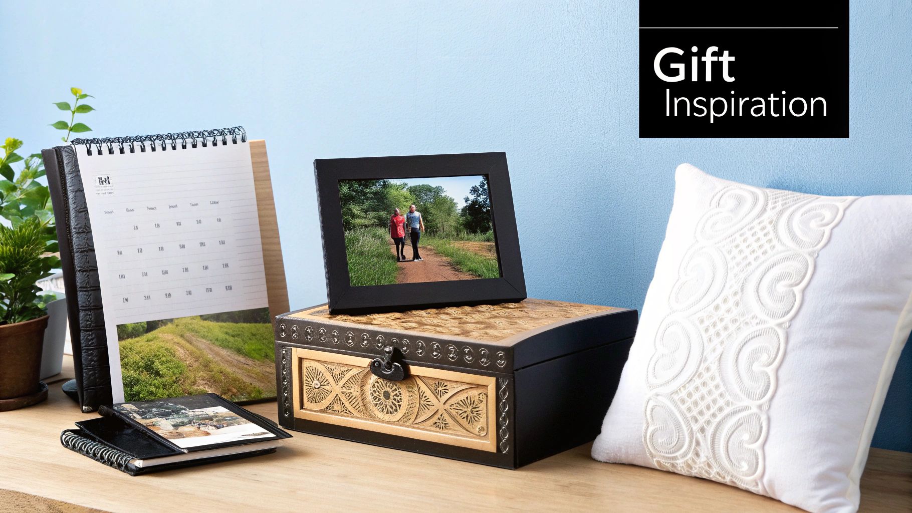 A personalized canvas print featuring a family photo hangs on a living room wall.