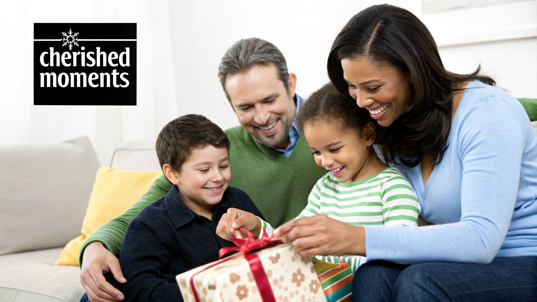 A family gathered around a personalized photo gift, sharing a happy moment.