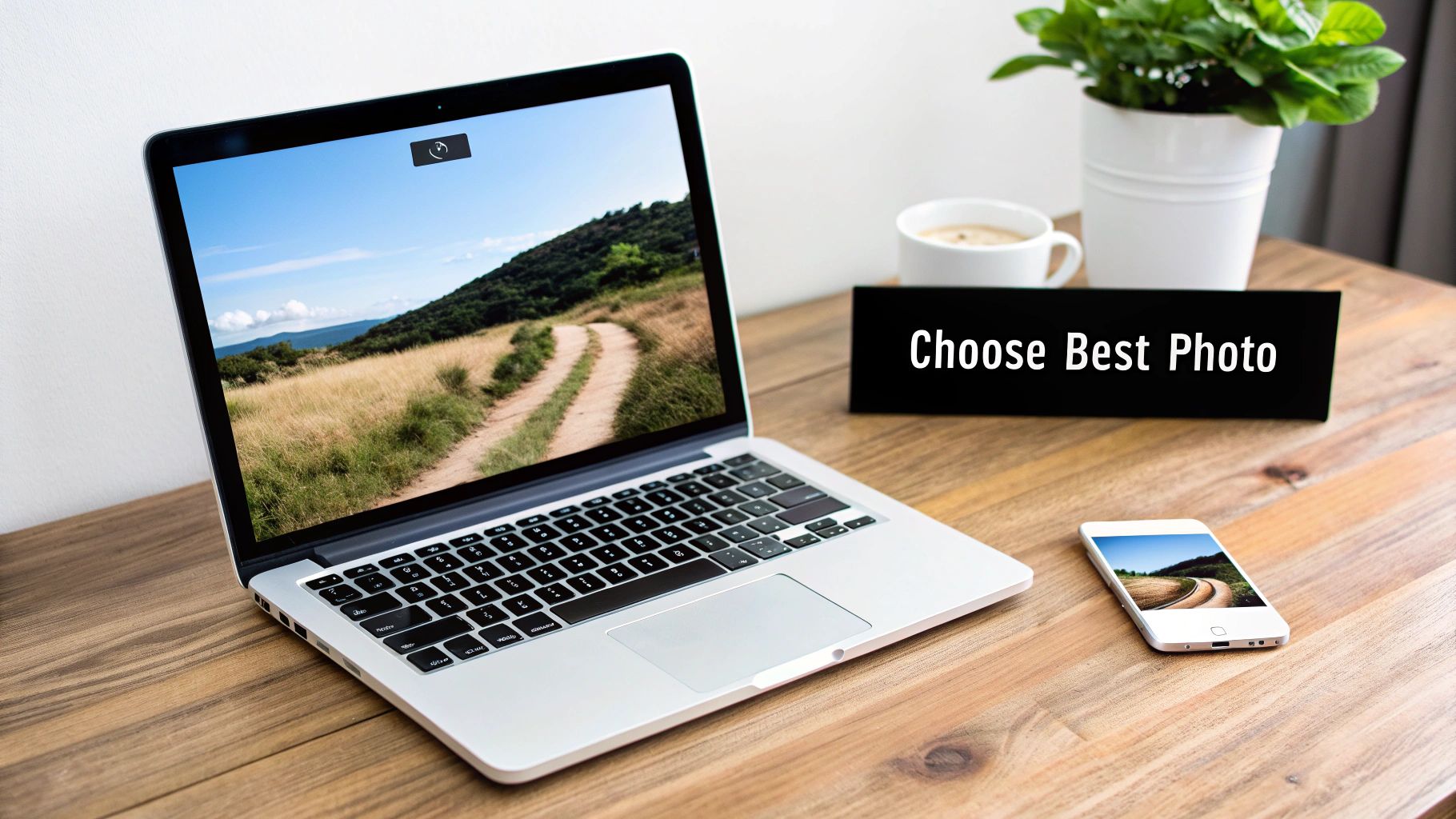 A person editing a photograph on a laptop next to a finished canvas print.