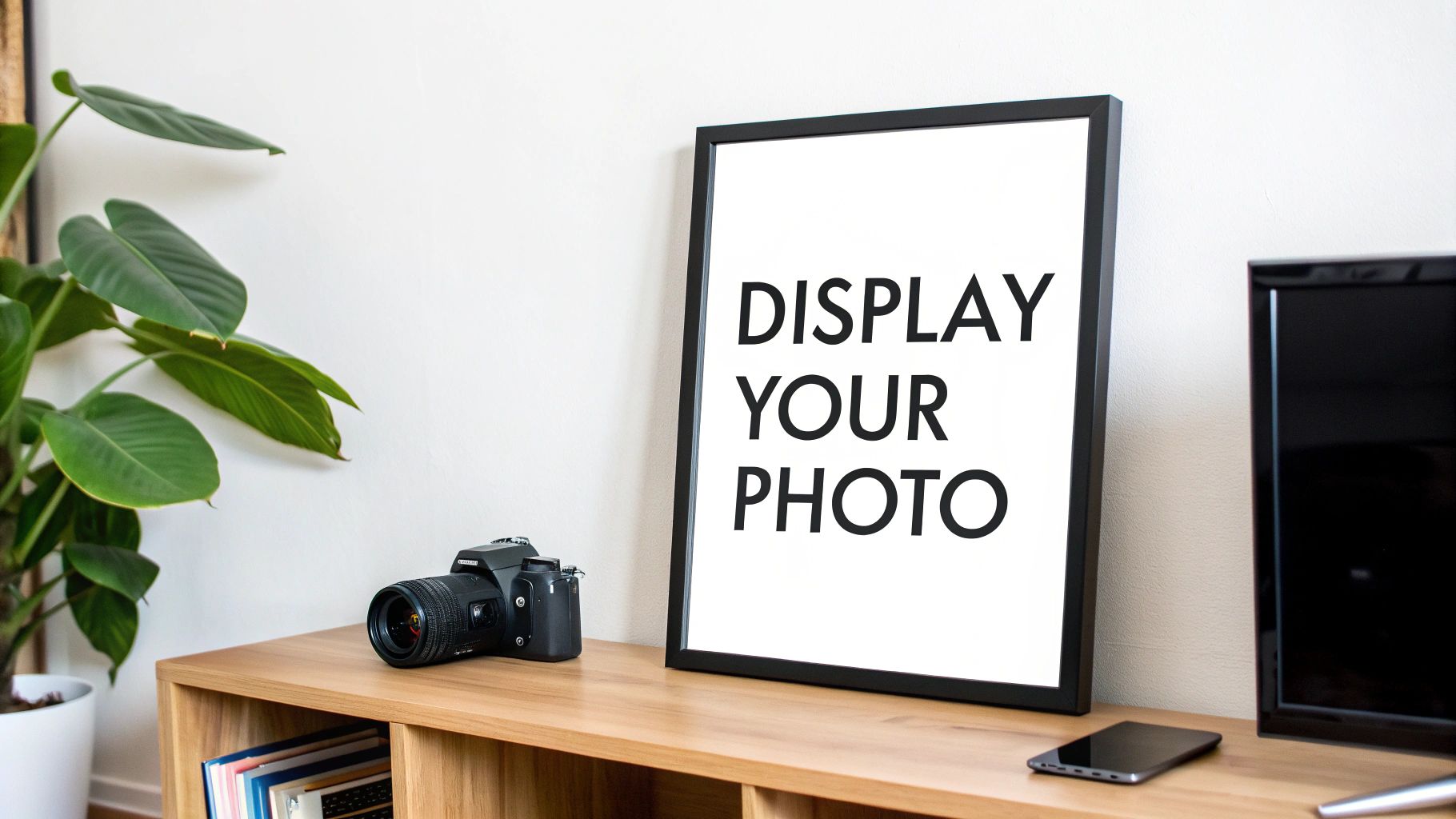A person holding up a framed poster of a beautiful landscape photo in a well-lit room.