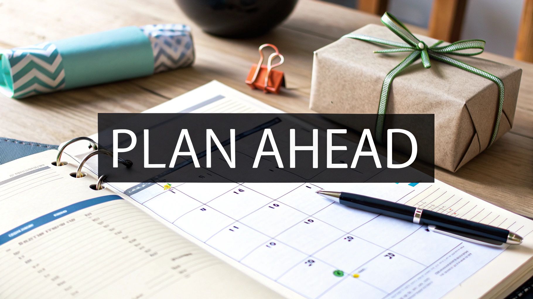 Planning calendar with wrapped gift, office supplies, and plan ahead text overlay on desk