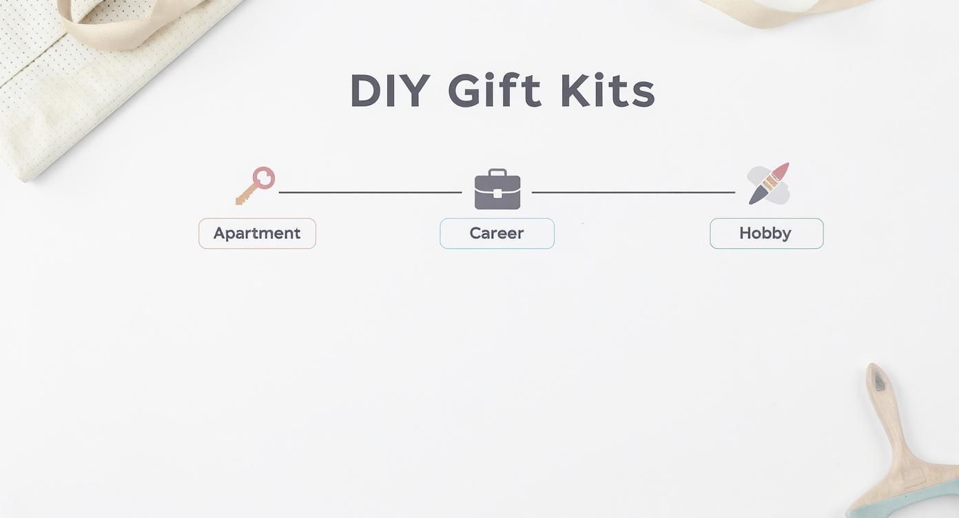 DIY gift kits banner showing three categories: apartment with key icon, career with briefcase, and hobby with paintbrush