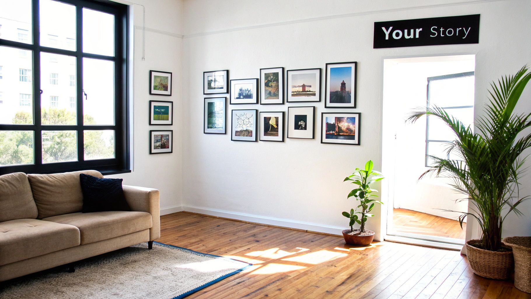 A beautiful photo wall display in a living room featuring various family photos in black frames.