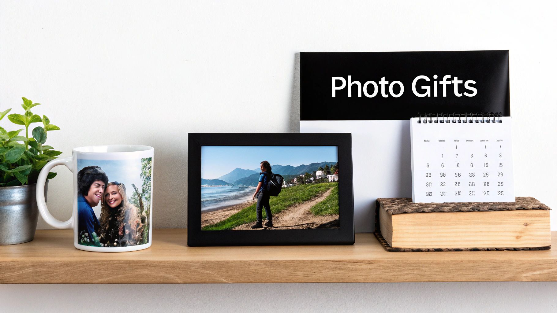 A gallery wall featuring a mix of custom photo gifts and wall art, including a canvas print, metal print, and framed photos of different sizes.