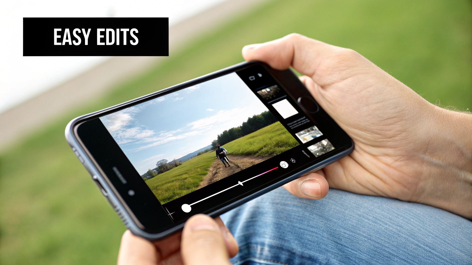 A person's hands using a laptop to edit a vibrant landscape photo, with color balance and cropping tools visible on the screen.