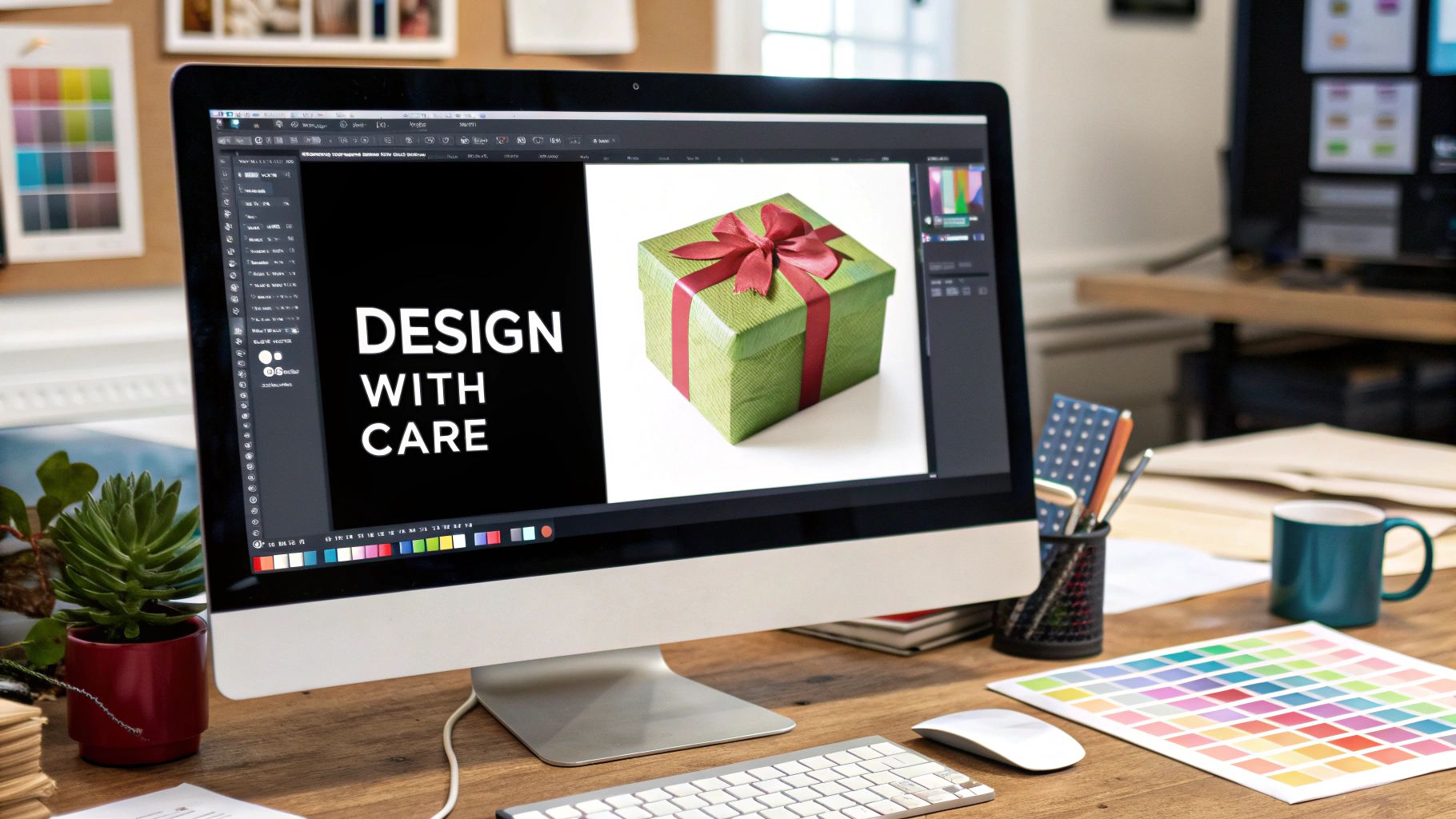 A person carefully designing a custom photo layout on a computer screen.