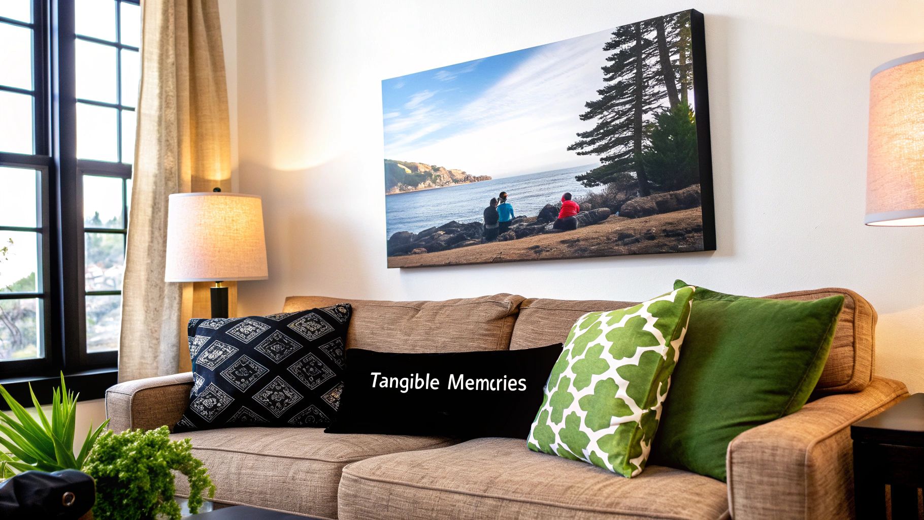 A family happily looking at a personalized photo gift together, creating a warm and memorable moment.