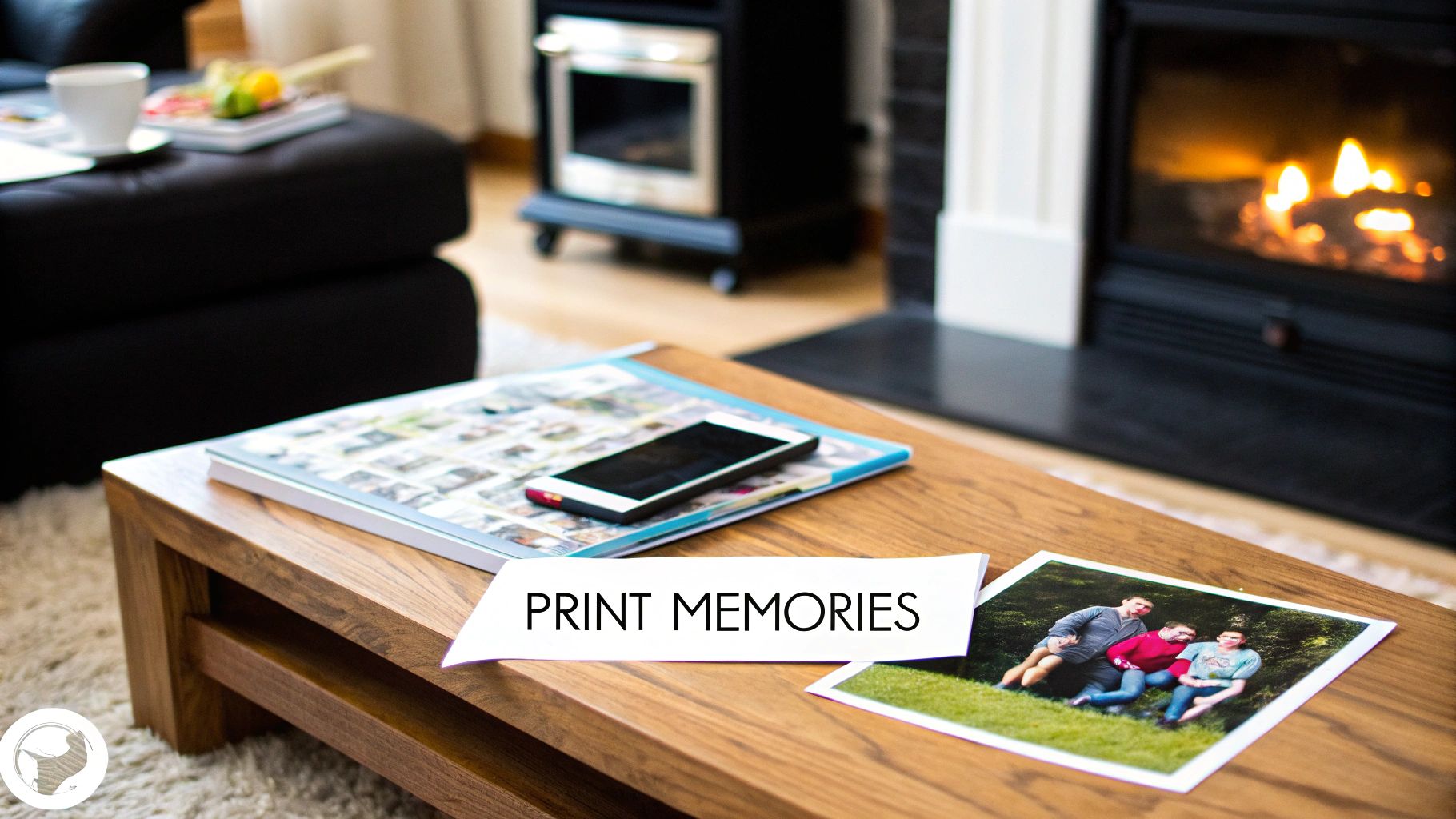 A cozy living room with a gallery wall of family photos above a wooden console table.