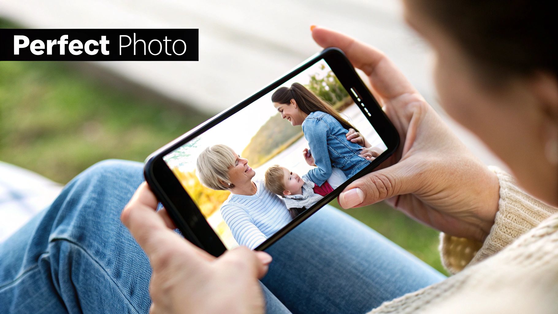 A family looking through a photo album together, with a focus on a smiling grandparent.