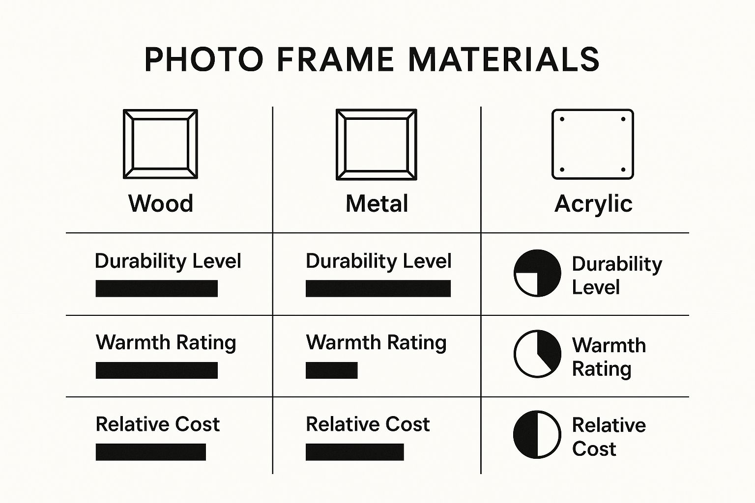 Infographic comparing wood, metal, and acrylic photo frame materials based on durability, warmth, and cost.