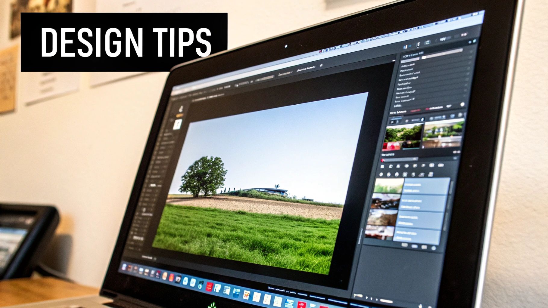 A person using a tablet to design a custom photo gift, with design elements like crop marks and text boxes visible.