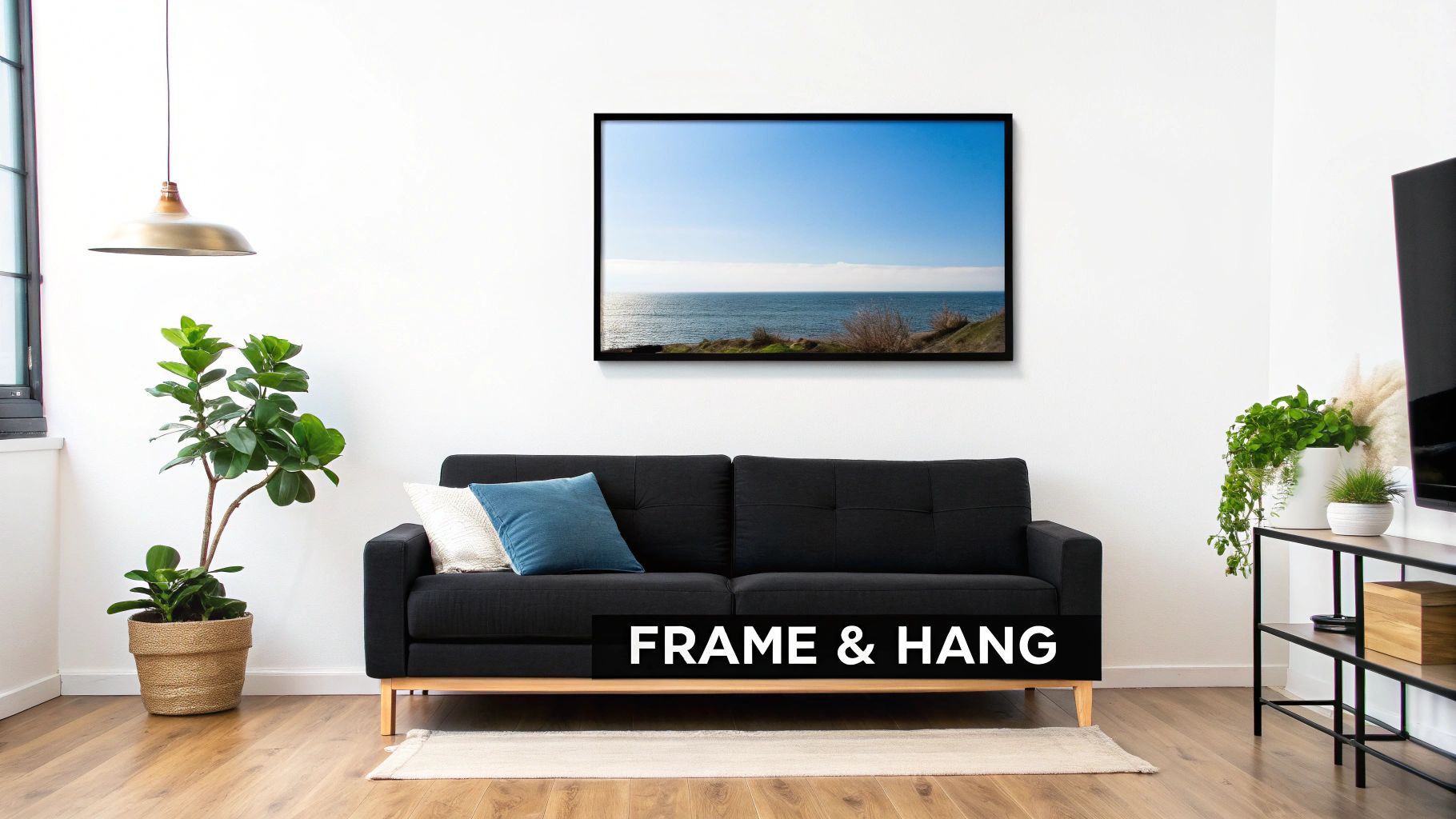 Person hanging a canvas print on a living room wall