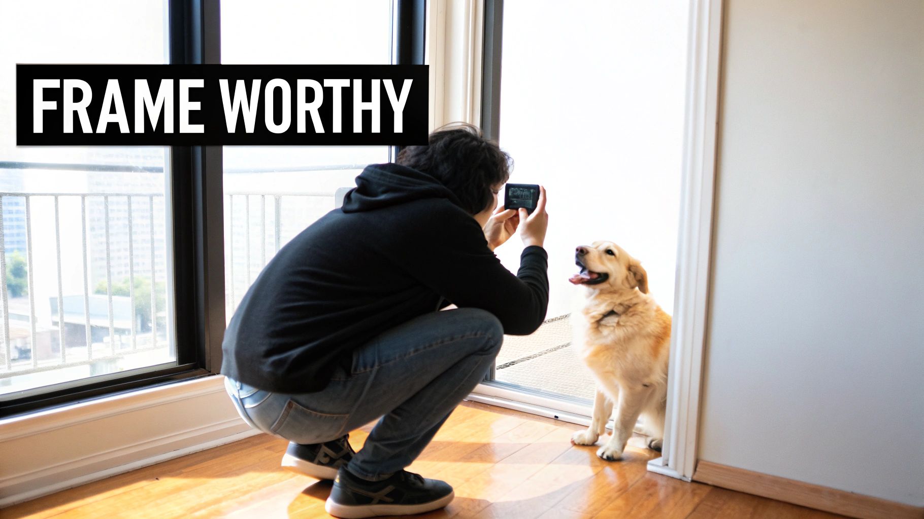 A happy dog posing for a photo in a sunny field.