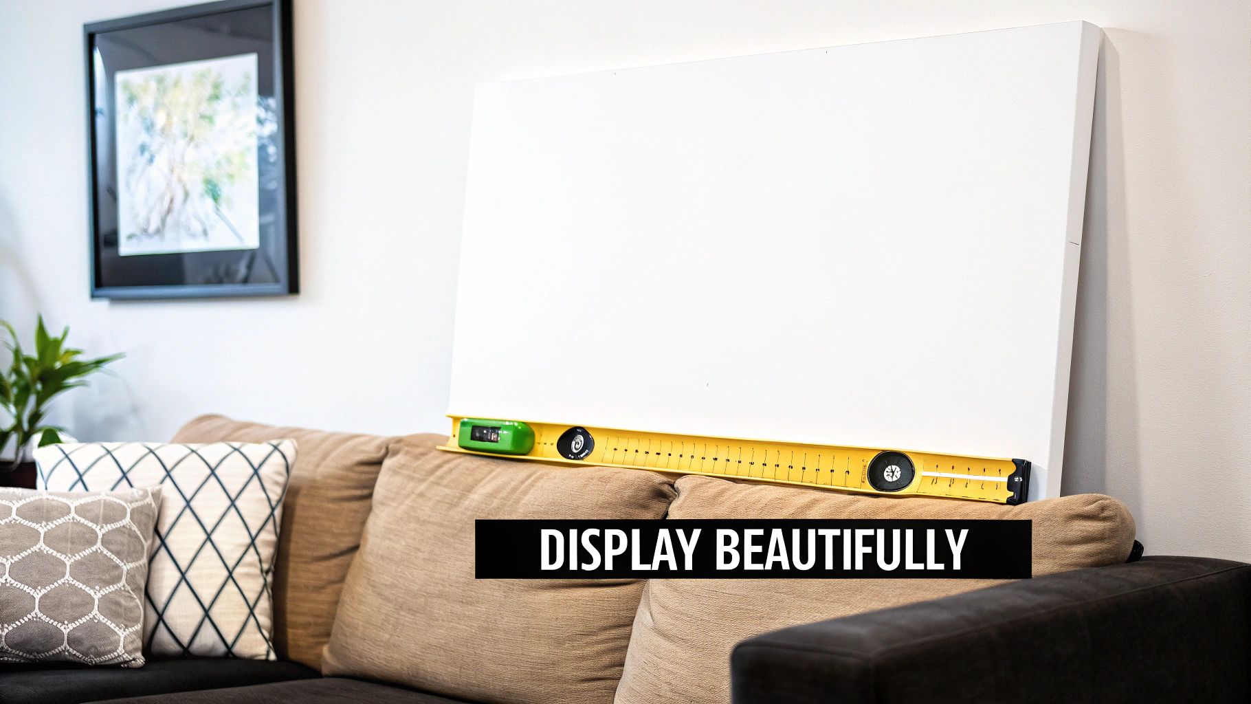 A newly arrived canvas print being hung on a living room wall.