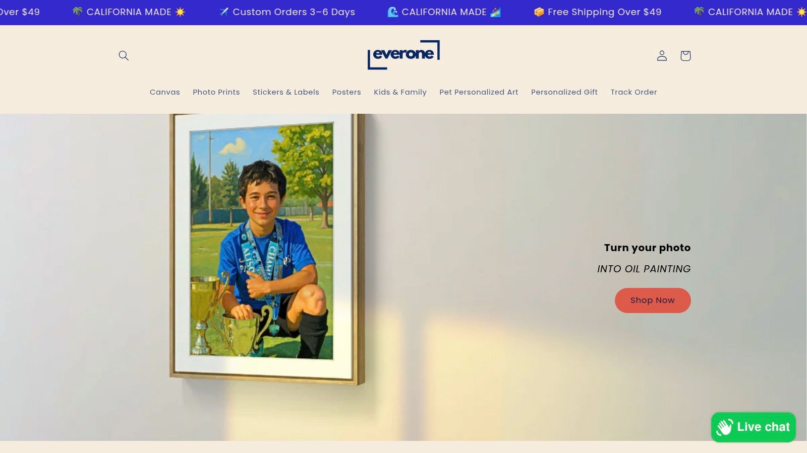 A custom canvas print from Everone Prints showing a portrait of a dog, highlighting the personalized nature of their products.