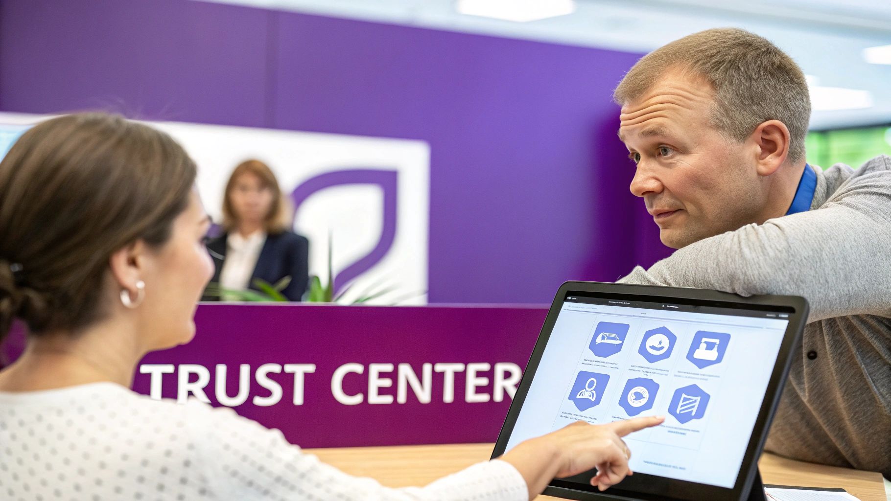 Two people in an office setting interacting with a tablet displaying service icons, near a 'TRUST CENTER' sign.