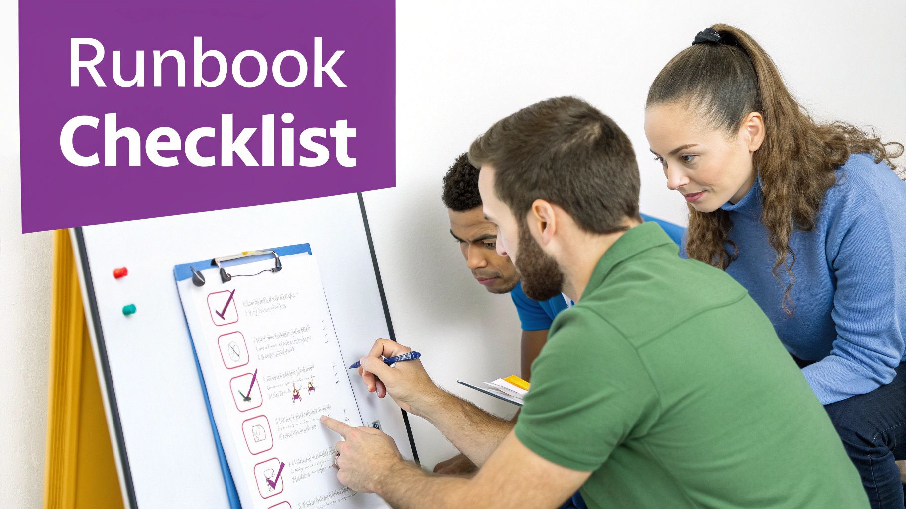 Three diverse colleagues collaborating on a Runbook Checklist, marking tasks on a whiteboard.