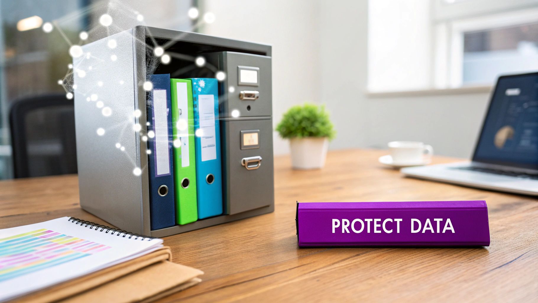 A file cabinet with binders, a laptop, and a 'PROTECT DATA' sign on an office desk, illustrating data security.