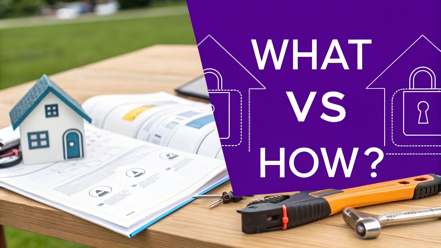 Split image contrasting a real estate scene with a conceptual purple background asking 'WHAT VS HOW?' with locked house icons.