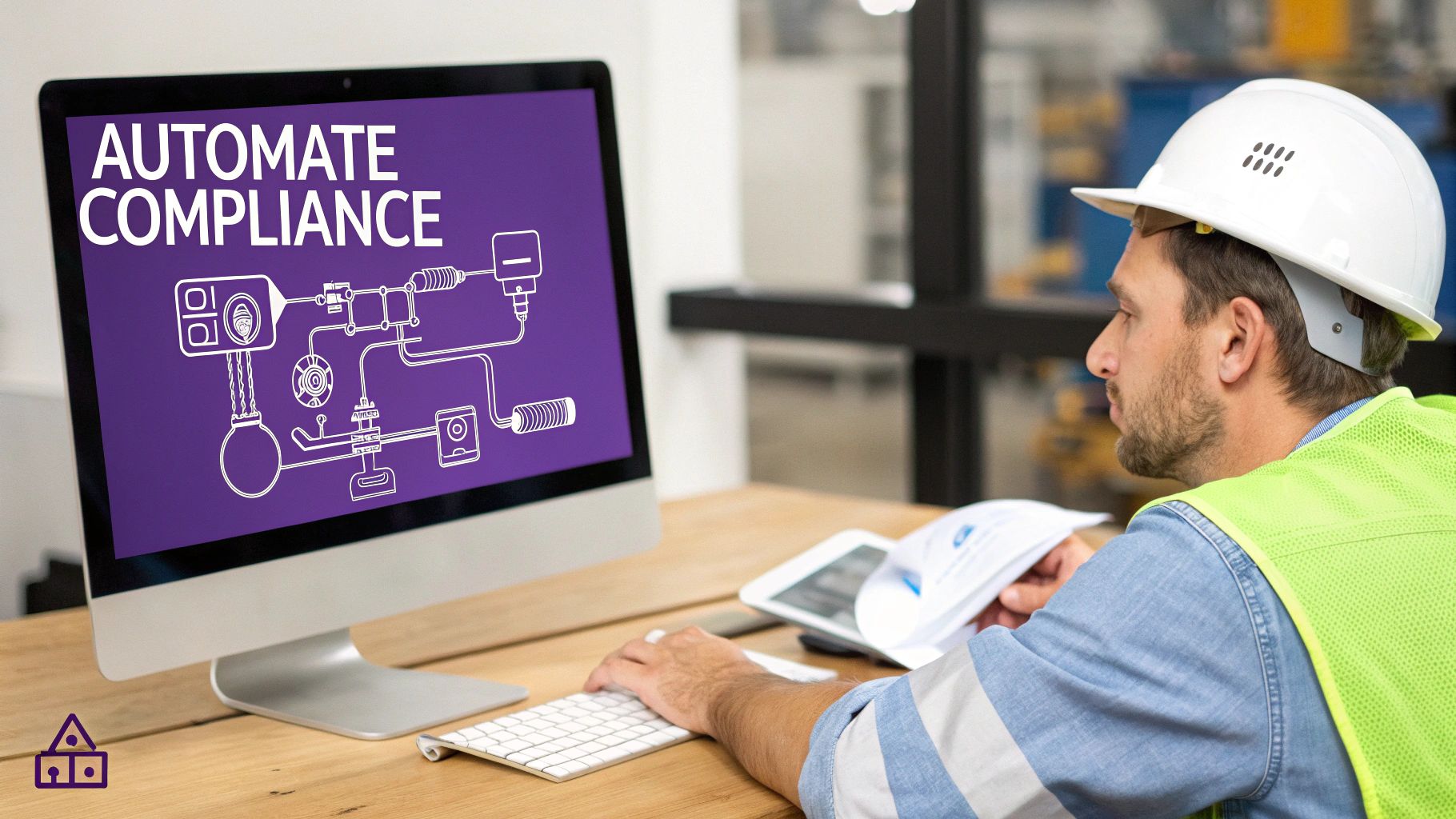 An industrial worker in a hard hat views a computer screen displaying 'AUTOMATE COMPLIANCE' and a technical diagram.