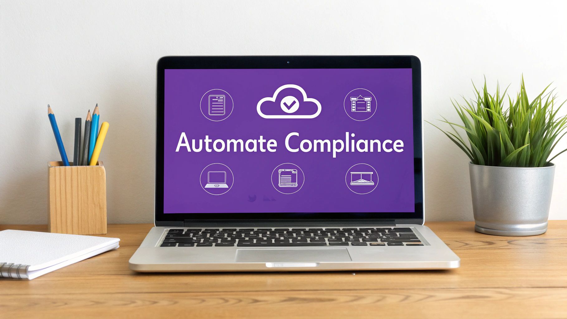 A laptop displays "Automate Compliance" with icons, on a desk with pencils, a notebook, and a plant.