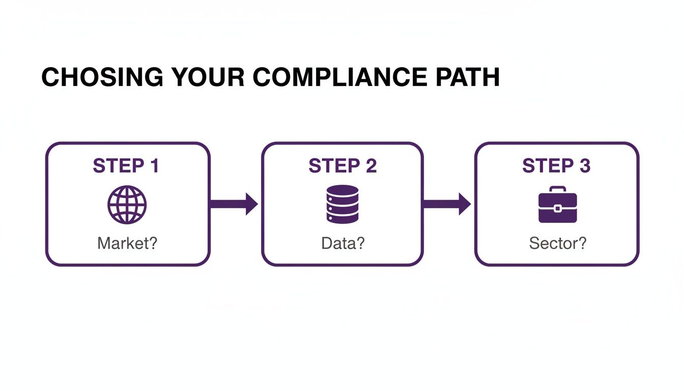 A diagram illustrates three steps for choosing your compliance path: Market, Data, and Sector.