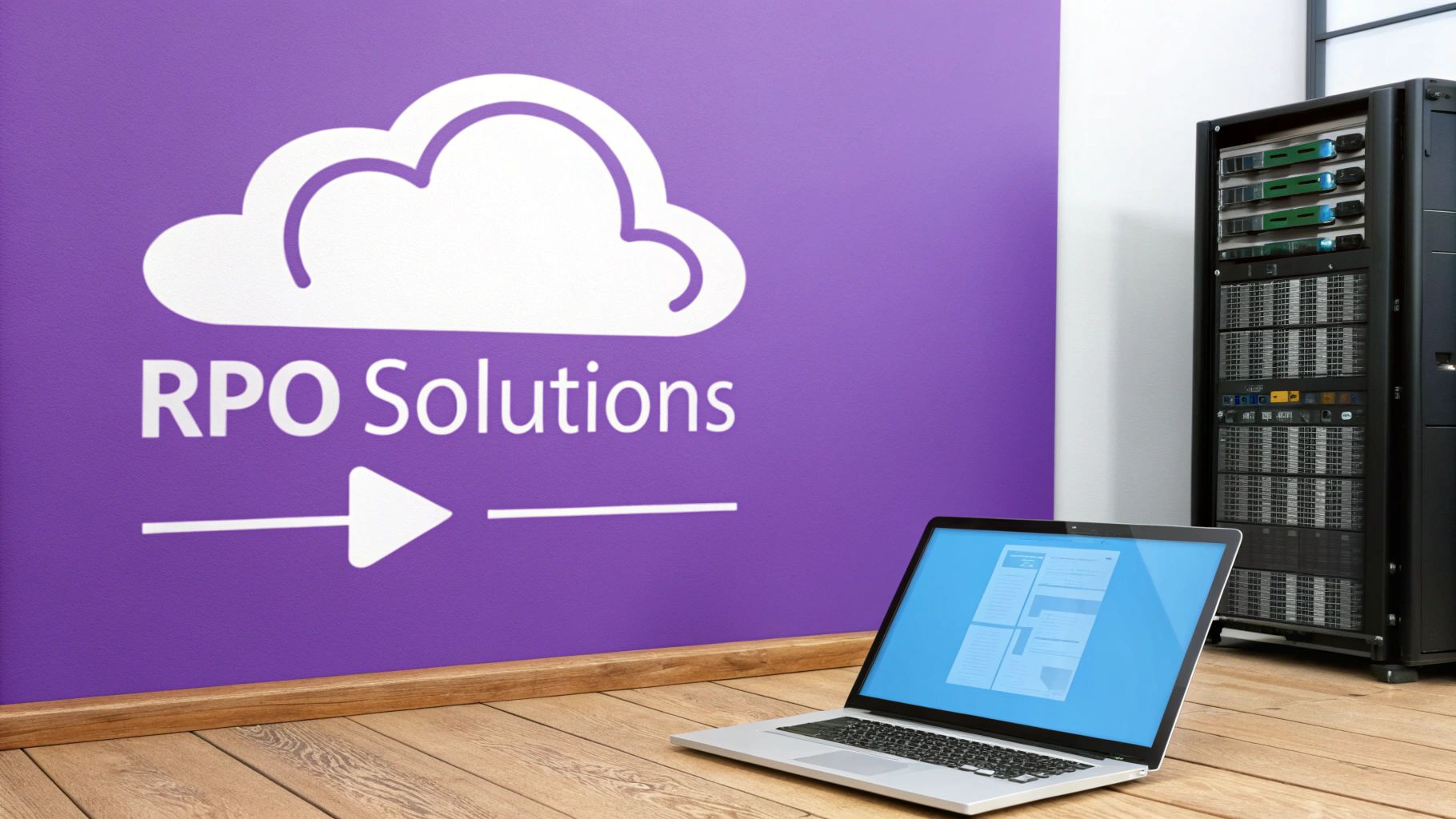 RPO Solutions text and cloud icon on a purple wall, with a laptop and server rack.
