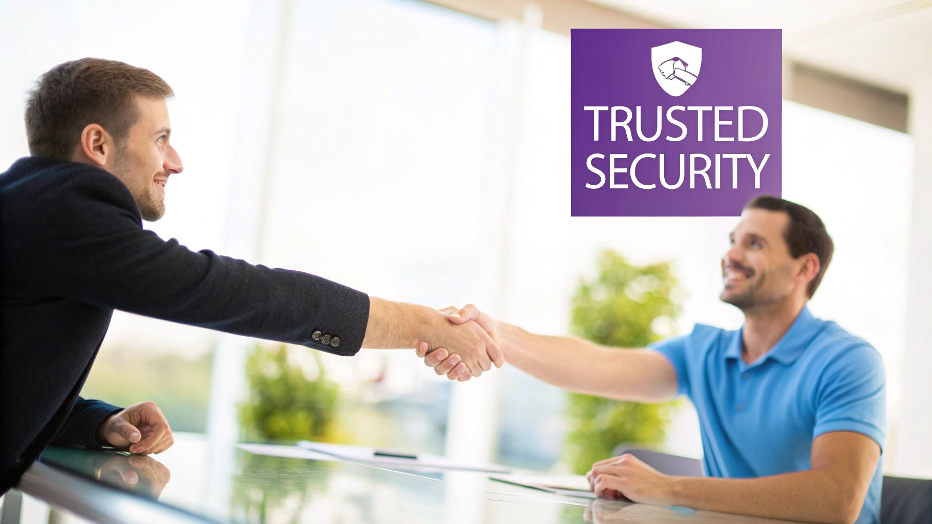 Two smiling men shaking hands across a table, with a 'Trusted Security' logo in the background.