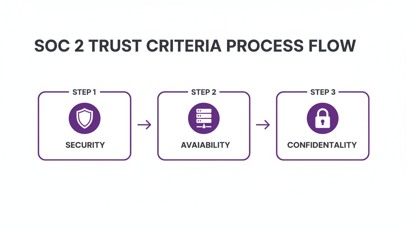 A flowchart illustrating the SOC 2 Trust Criteria process, featuring Security, Availability, and Confidentiality steps.