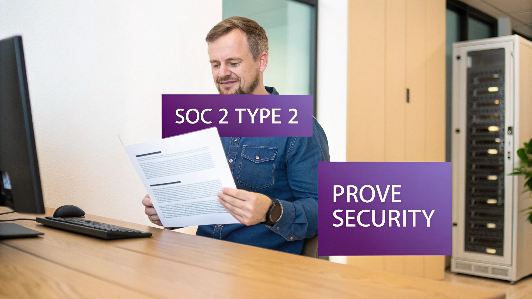 A smiling man reviewing a document about 'SOC 2 TYPE 2' at a desk, with 'PROVE SECURITY' text and a server rack.