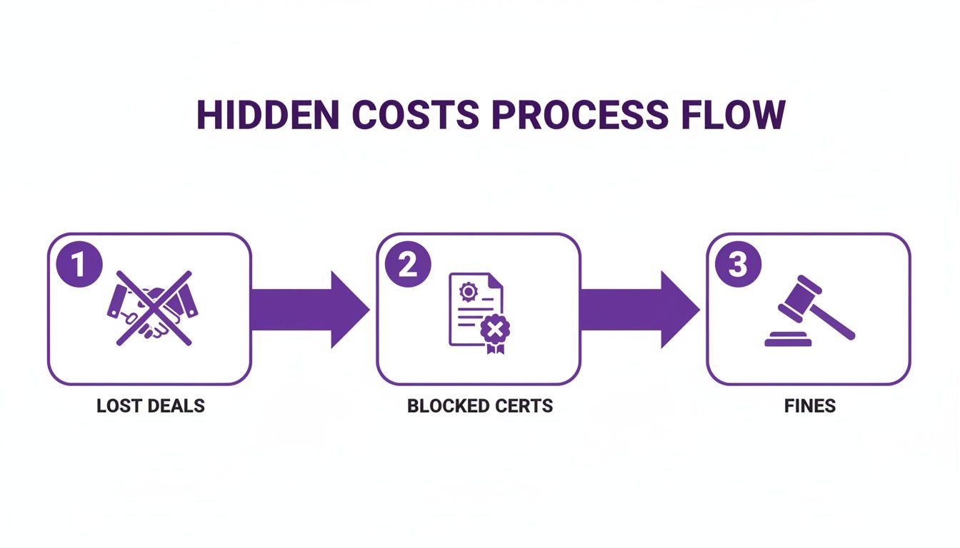 A process flow diagram illustrates hidden costs: lost deals, blocked certifications, and resulting fines.