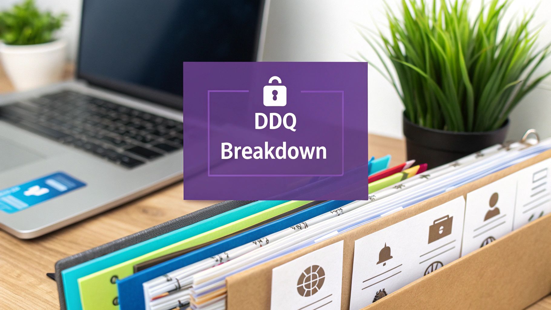 Office desk with laptop, organized files, and a graphic displaying 'DDQ Breakdown' with a lock icon.