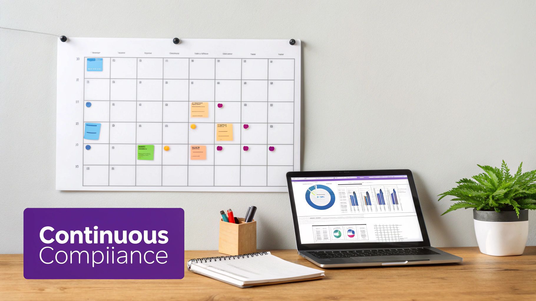 A workspace with a calendar, laptop displaying charts, notebook, and plant, highlighting continuous compliance.