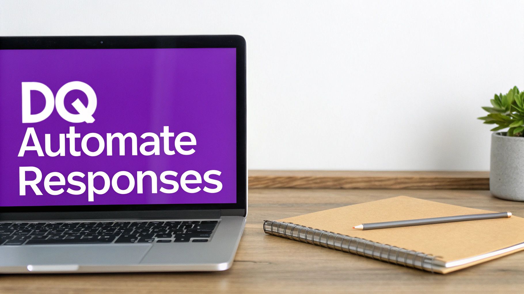 Laptop displaying 'DQ Automate Responses' on a purple screen, with a notebook, pencil, and plant on a wooden desk.