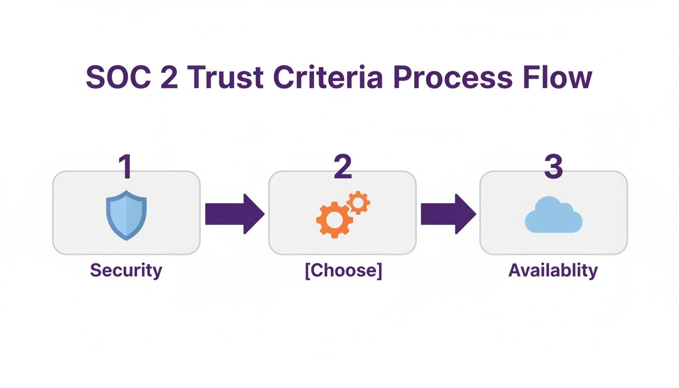 Flowchart illustrating SOC 2 Trust Criteria process with steps: Security, a customizable step, and Availability.